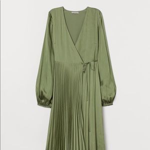 Olive Pleated Satin Wrap Dress